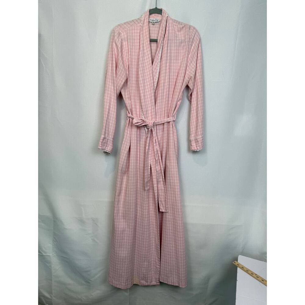 Vintage Christian Dior Lingerie Paris NY Pink Flannel Plaid Robe Lace Trim S